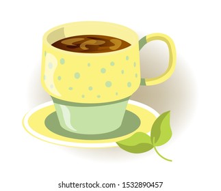 Yellow and green coloured cup, mug of hot beverage with saucer, tea, coffee, chocolate, close up flat concept vector illustration on white background