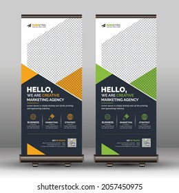 Yellow and Green Corporate Roll Up Banner Signage Standee Template with Black Background for Advertising Business and Multipurpose Use