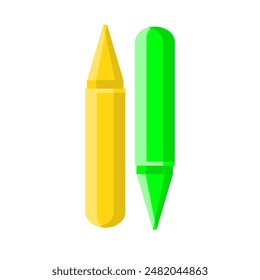 Yellow and green crayons for coloring, school supplies vector 