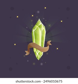 Yellow Green Crystal Gem Magic Esoteric Game Icon Badge With Stars And Ribbon Isolated Vector Design