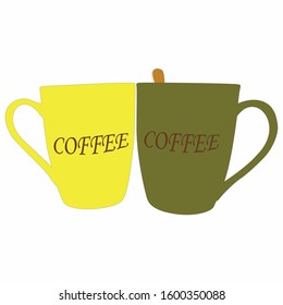 Yellow and green cup. Side by side. With a coffee sign.