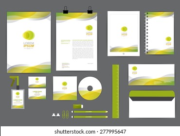 yellow and green with curve graphic corporate identity template  for your business includes CD Cover, Business Card, folder, ruler, Envelope and Letter Head Designs