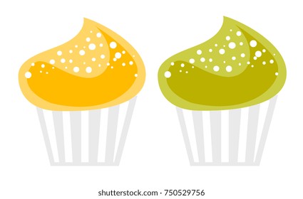 Yellow and green delicious cupcakes vector cartoon illustration isolated on white background.