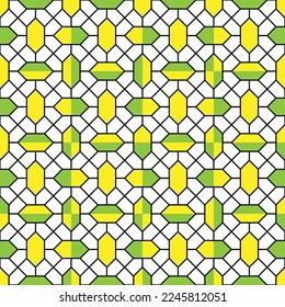 Gelbe und grüne Diamantform und diagonales Zeilenmuster auf weißem Hintergrund. Verbundene diagonale Linie und sechseckige Form. Schwarzes Gittermuster auf weißem Hintergrund. Abstrakter Labyrinth-Hintergrund.
