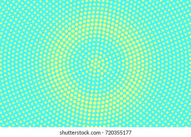 Yellow and green dotted halftone vector background. Centered halftone gradient. Bright turquoise halftone banner template. Vivid neon dotted pattern. Abstract dotted backdrop. Pop art surface design