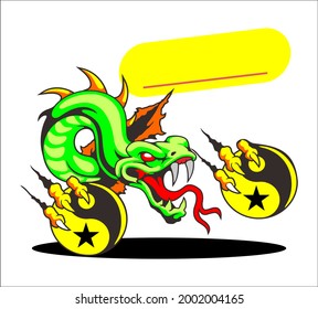 The yellow green dragon stuck out a red tongue with fireballs on both legs. dragon cartoon vector illustration