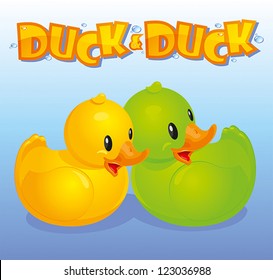 Yellow and green duck on a background of blue water