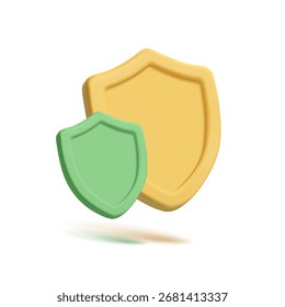 Yellow and green empty matte shields, 3D. For concepts of protection and security, health, finance. Icon, mockup. Vector illustration.
