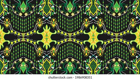 Yellow green ethnic fabric pattern Seamless adorned with traditional Central Asian motifs EP.1.Design for background, carpet, wallpaper, clothing, wrapping, Batik, fabric, Vector.