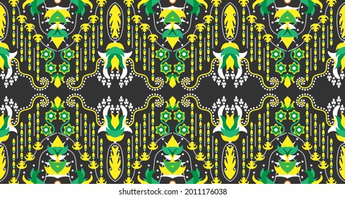 Yellow green ethnic fabric pattern Seamless adorned with traditional Central Asian motifs EP.3.Design for background, carpet, wallpaper, clothing, wrapping, Batik, fabric, Vector