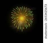 Yellow green firework explosion with sparks, smoke and glow effect. Festive firecracker on black isolated background. For shows, parties, carnivals. Vector illustration. Realistic icon.