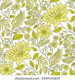 Yellow Green Folk Floral allover vector seamless Pattern for fashion and wallpapers