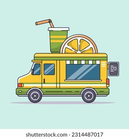 yellow and green food truck with food selling juice van with orange on rooftop vector illustration