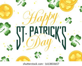 Yellow and Green Happy St. Patrick's Day Text on White Background Decorated with Coins and Shamrock Leaves.
