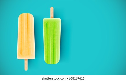 Yellow and green ice creams on blue background, vector illustration