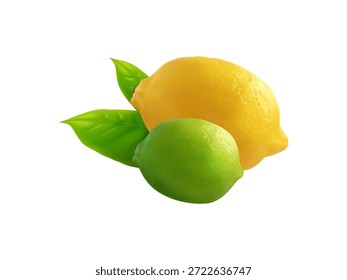 Gelbe und grüne Zitrone realistische 3D-Rendering von Zitrusfrüchten. Frische grüne und reife Zitrone mit grünen Blättern