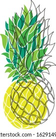 Yellow, green and linear pineapple sticker. Organic summer tropical fruits. Simple cute design. Vector illustration