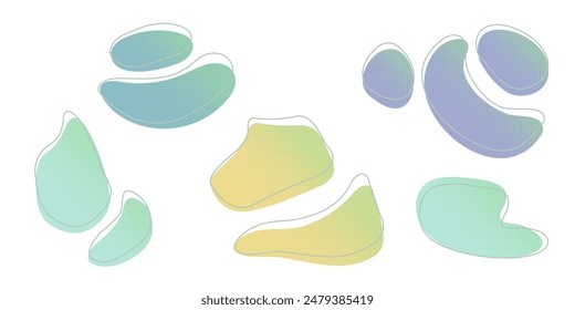 Yellow green liquid halftone drops water shapes set, splashes collection. Paint spot, blot, rain puddle, oil blob Irregular abstract graphic design elements Transparent background Vector illustration