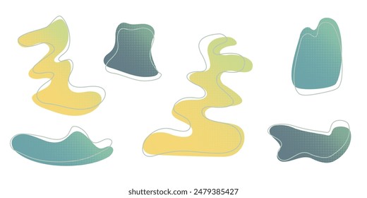 Yellow green liquid halftone drops water shapes set, splashes collection. Paint spot, blot, rain puddle, oil blob Irregular abstract graphic design elements Transparent background Vector illustration