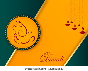 Yellow and Green Mandala Pattern Background with Hanging Lit Oil Lamps (Diya) and Ganesha Circular Frame for Happy Diwali Celebration.