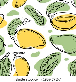 YELLOW GREEN MANGO Abstract Delicious Juicy Fruit Whole And Cut In Half For Your Design Hand Drawn In Sketch Style Food Seamless Pattern Vector Illustration