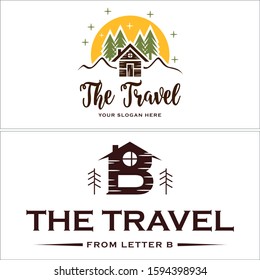 Yellow green maroon house tree mountain moon star initial icon chimney handwriting logo design suitable for travel hotel rental cabin company village adventure villa home stay holiday tour hiking