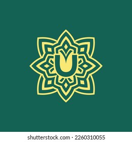 yellow green modern and elegant initial letter U symmetrical floral aesthetic logo