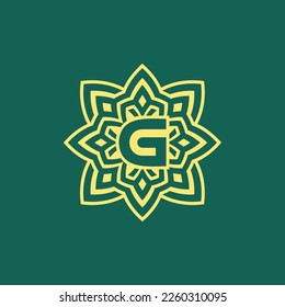 amarillo verde moderno y elegante letra inicial G logotipo estético floral simétrico