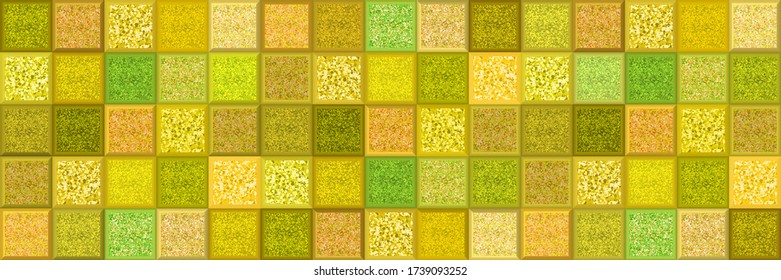 Fondo de mosaico amarillo y verde. Ilustración vectorial. Baldosas de cerámica amarilla con brillo. Patrón sin brillo con diseño geométrico. Sigue otros patrones de mosaico en mis colecciones. 