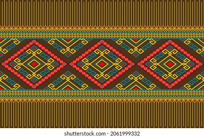 Yellow Green Native or Tribal Seamless Pattern on Brown Background in Symmetry Rhombus Geometric Bohemian Style for Clothing or Apparel,Embroidery,Fabric,Package Design