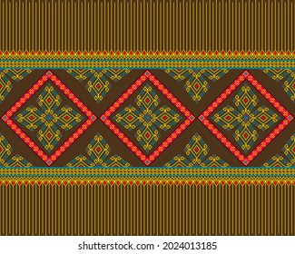 Yellow Green Native or Tribe Seamless Pattern on Brown Background in Symmetry Rhombus Geometric Bohemian Style for Clothing or Apparel,Embroidery,Fabric,Package Design