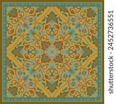 Yellow and green neck scarf with a stylized flowers and pomegranates. Vector design for a neckerchief, carpet, kerchief, bandana, rug. Traditional floral pattern.