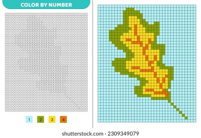 Yellow green oak leaf. Color by number. Pixel coloring book. Numbered squares. Game for kids. Pixel art. Isolated vector illustration eps 10
