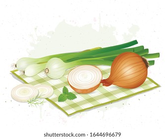 Yellow and Green onion with mint leaves on a napkin cloth