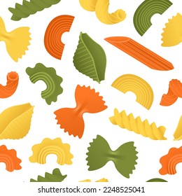 Yellow, green, orange colors macaroni set. Vector seamless pattern flat of dry Italian macaroni of various kinds, pasta, fusilli, conchiglio, rigatoni, farfalle, penne isolated on white background