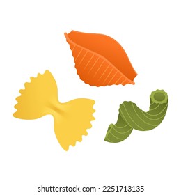 Yellow, green, orange colors macaroni set. Vector illustration flat icons of dry Italian macaroni of various kinds, pasta, fusilli, conchiglio, rigatoni, farfalle, penne isolated on white background