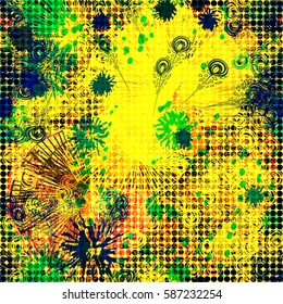 Yellow, green, orange floral elements on dark dotted background. Abstract seamless texture. Digital design