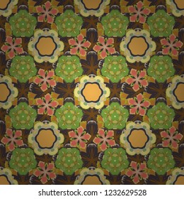 Yellow, green and orange pattern. Vintage sketch. Elegant retro vector seamless pattern.