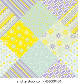 yellow and green pastel color patchwork vector seamless pattern.  flower and  polka dot fabric motif for easter invitation. tender simple floral pattern