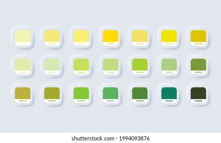 Yellow and green pastel colour palette. Vector. Catalog samples green and yellow in RGB HEX. Color Catalog. Neumorphic UI UX white user interface web button. Neumorphism. Vector EPS 10.