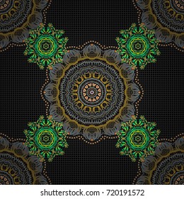 Yellow and green pattern on black background. Luxury motley seamless pattern with abstract vector elements.