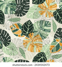 Yellow and green pattern with tropical leaves and abstract strokes. Ideal for wallpaper, surface textures, textiles.