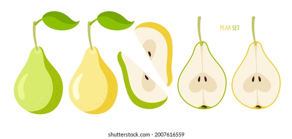 Yellow and green Pears. Flat icon pear fruit set. Whole with leaf, cut, segment. Farmer Market Logo. Organic food eco template for menu, jam and juice label, tea banner, fruit products, banner.