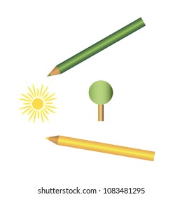 yellow and green pencils draw sun and tree