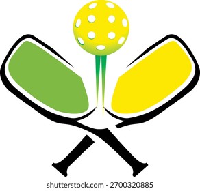 Logotipo de pickleball amarelo e verde com uma bola e duas pás em um fundo branco. Sem fundo.