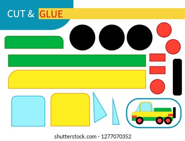 "Yellow and green pickup truck" mini-game "cut And glue" for learning, entertainment and education of children. Series "transport" - easy to print A4 and ready to use