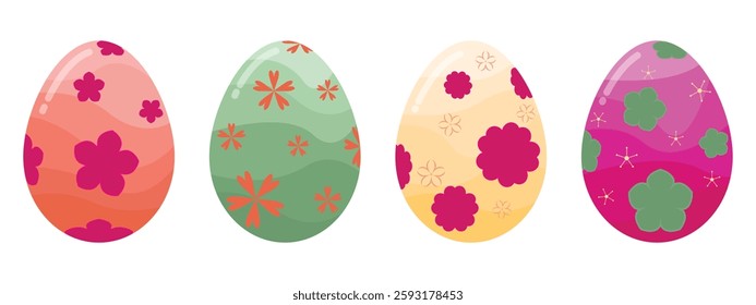 Yellow Green And Pink Color Easter Eggs With Flowers Decorations