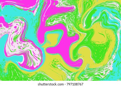 Yellow green pink digital marbling. Abstract marbled backdrop. Holographic abstract pattern. Neon  color mesh background. Colorful marbling texture for trendy surface design. Bright liquid color flow