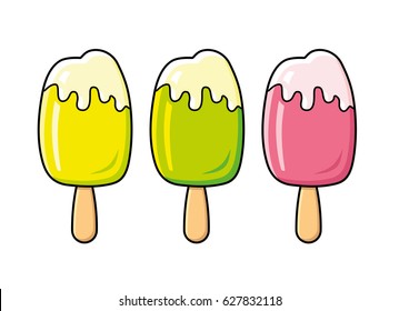 Yellow, green and pink ice cream popsicle on a stick isolated.