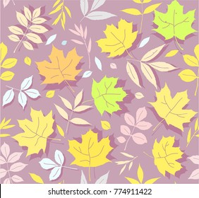 Yellow, green and pink leaves on a purple field. Vector color pattern. Nature, autumn. 